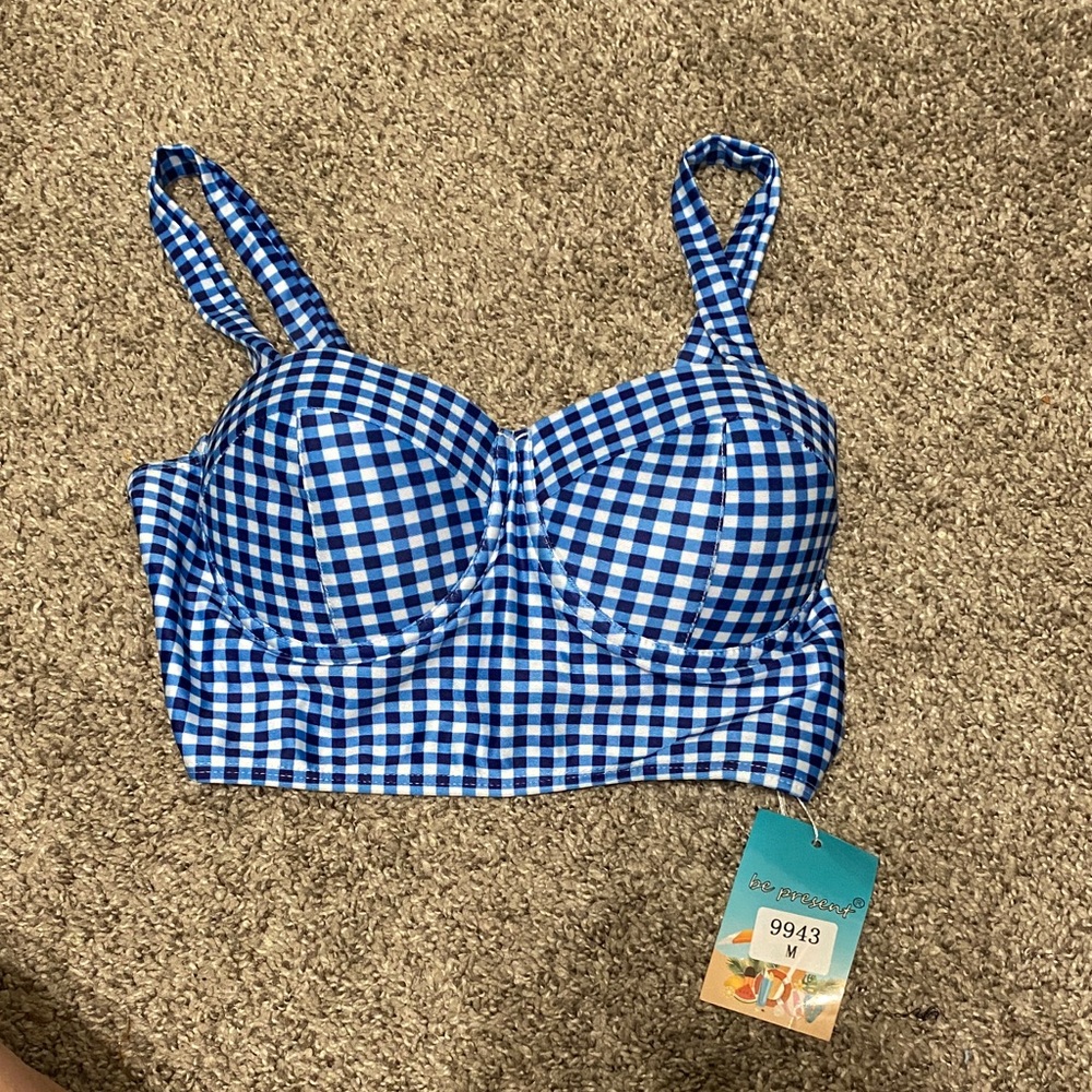 Blue and White Checkered Tie-Front Top